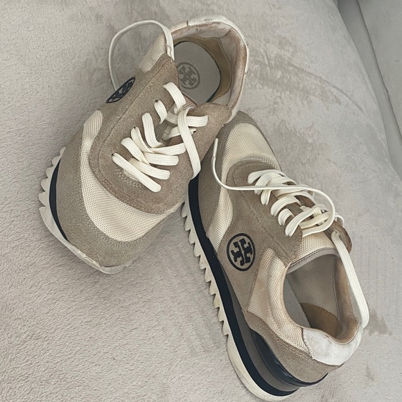 Tory Burch Shoes - Tory Burch Cream & Beige Suede Mesh Lace-Up Sneakers